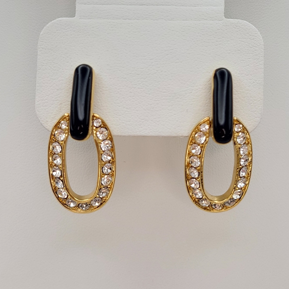 Monet | Black Enamel Goldtone Rhinestones Dangle Post Earrings